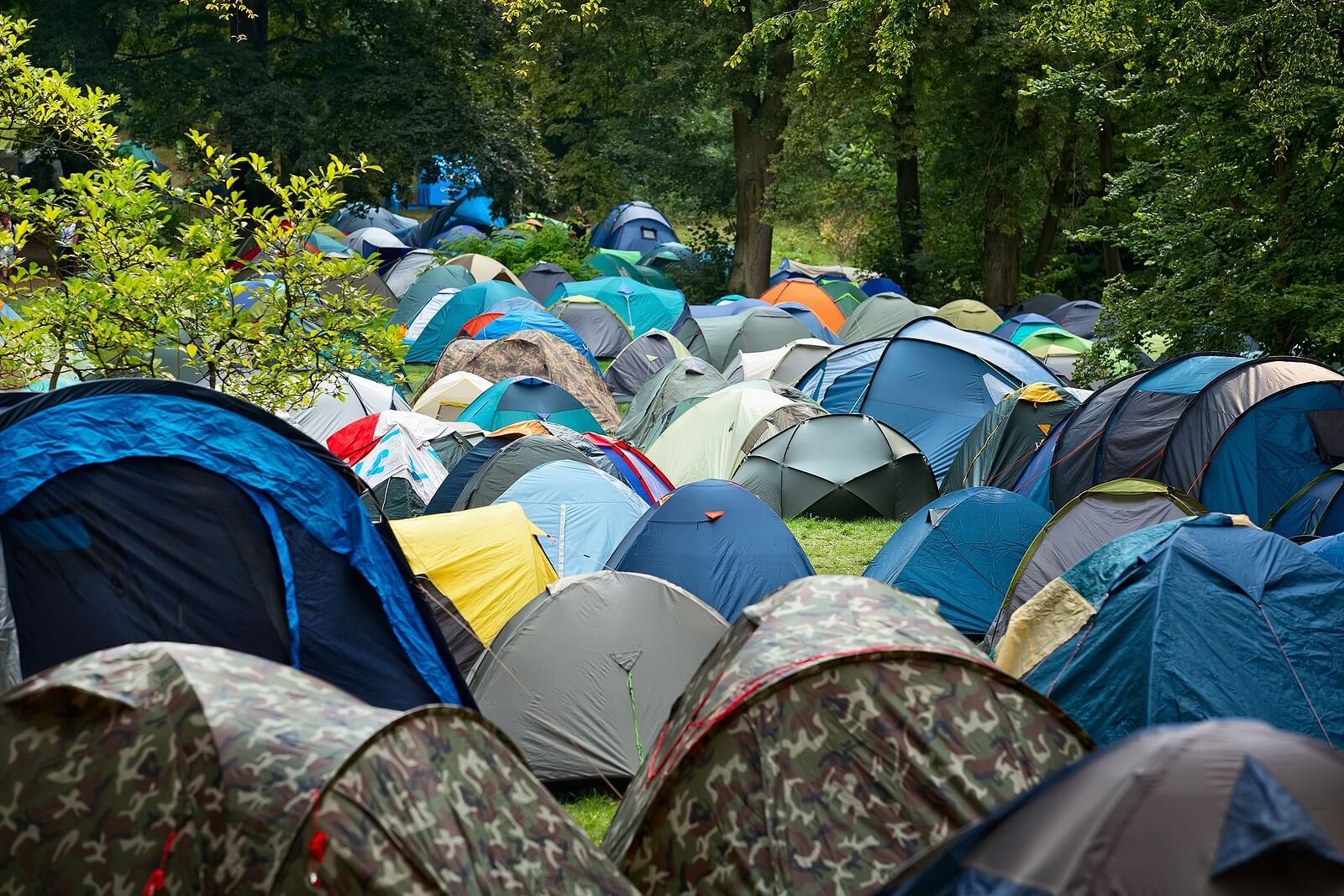 A festival campsite featuring many tents.