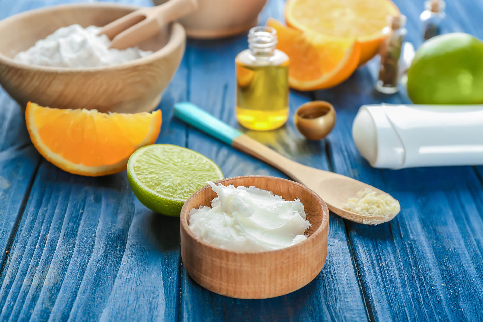 A selection of ingredients for making natural deodorant at home.
