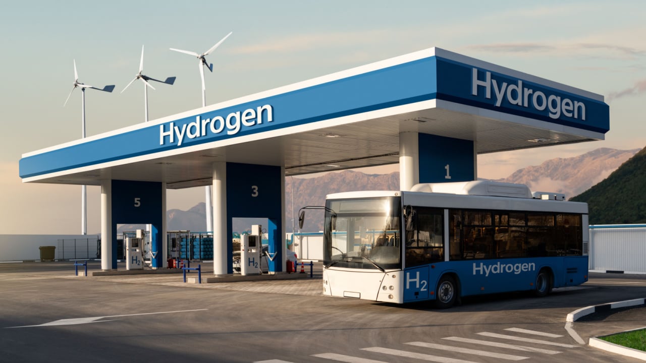 Fuel cell bus at the hydrogen filling station. Concept