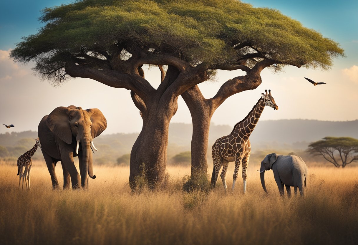 A lion, elephant, and giraffe stand together, showcasing the diversity in the animal kingdom. A colorful array of birds fly overhead, adding to the vibrant scene