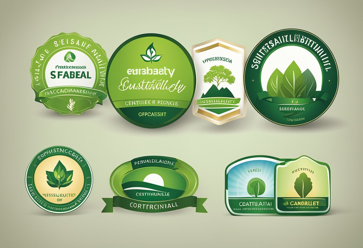A variety of sustainability certification logos displayed on product packaging and labels