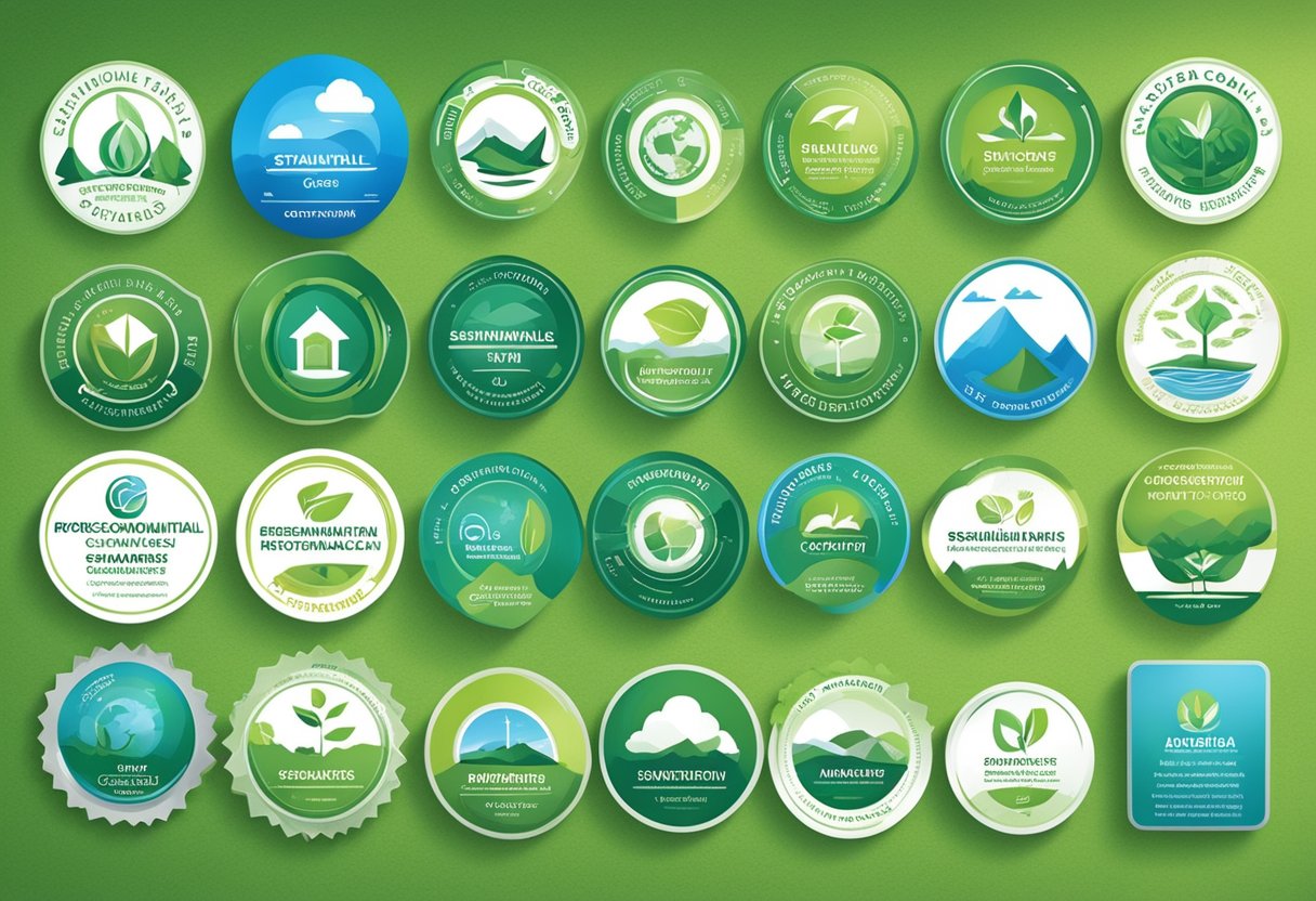 A variety of sustainability certifications displayed on a wall, including logos and symbols representing different environmental standards and practices