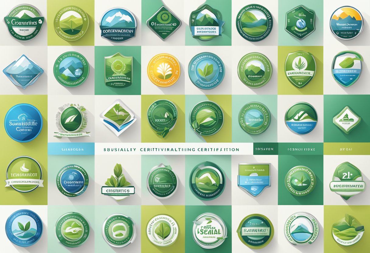 A collection of badges and logos representing various sustainability certifications arranged in a grid pattern against a clean, white background