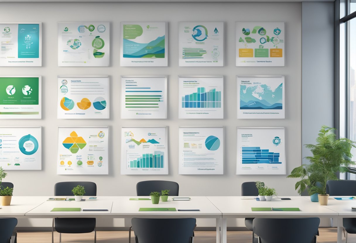 A wall of corporate strategy certifications displayed in a modern office setting, with logos and seals representing sustainability standards