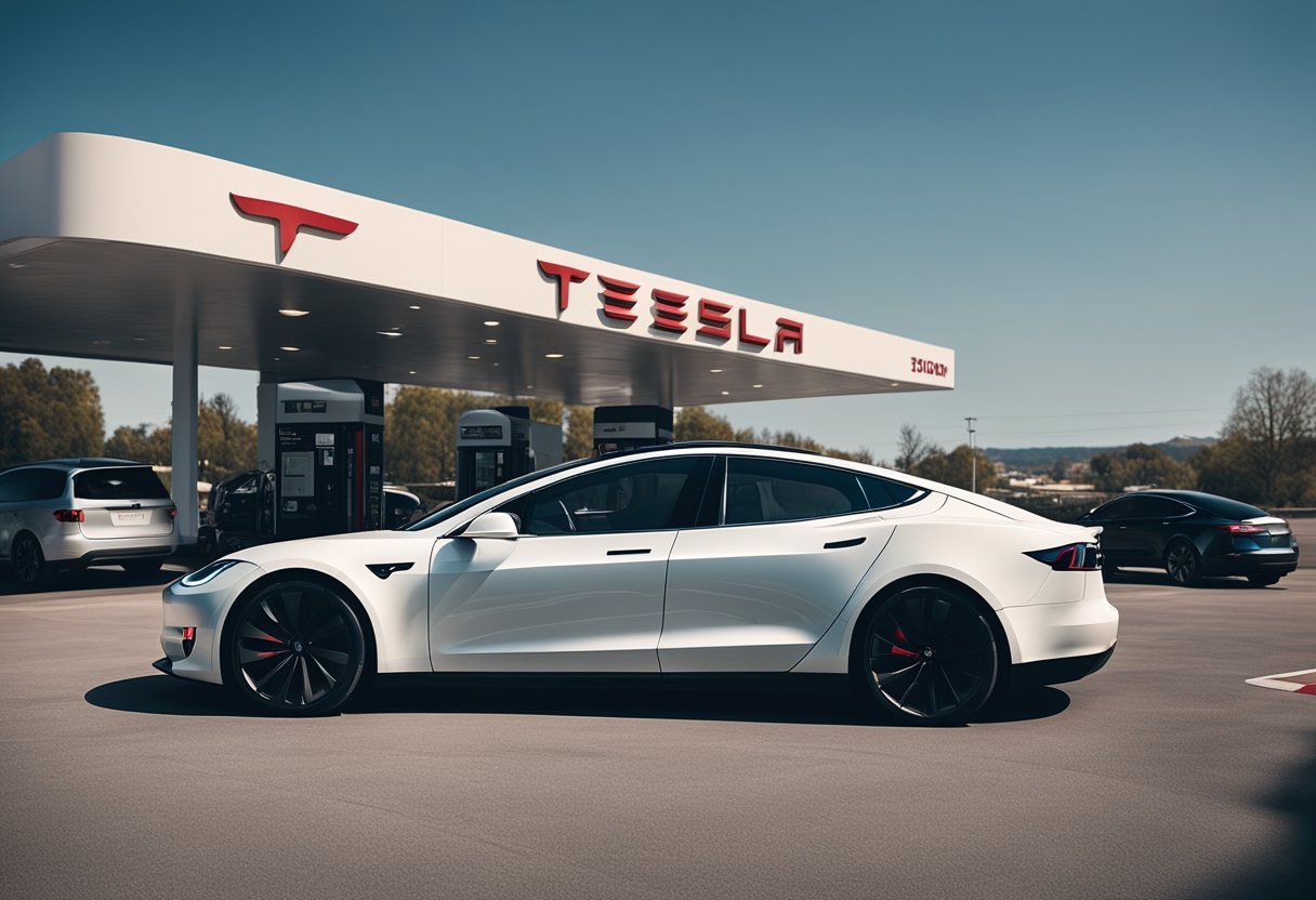 A sleek Tesla car zooms past a traditional gas station, highlighting the technological advancements and environmental benefits