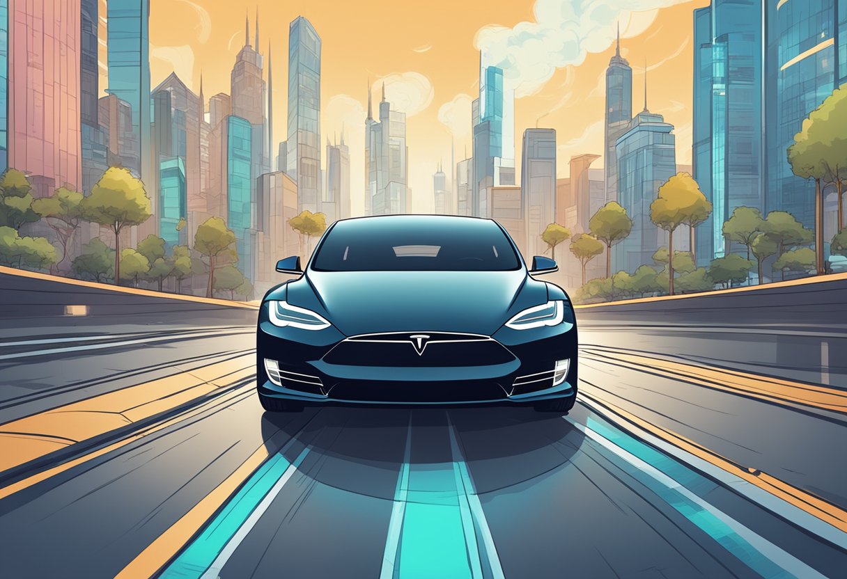 A sleek Tesla car driving on a futuristic city street, with renewable energy sources in the background. Text bubbles highlight pros and cons