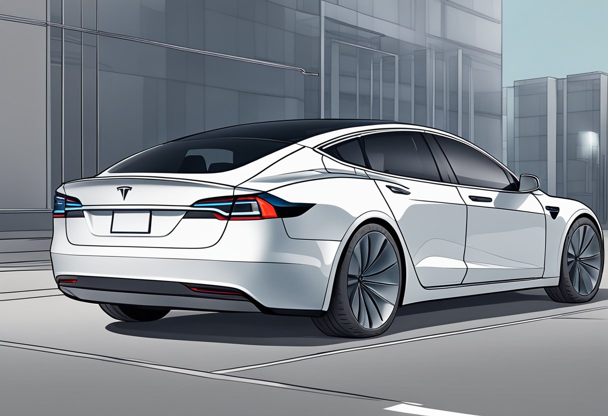 A Tesla car with sleek design and advanced technology, but also facing challenges with battery range and charging infrastructure