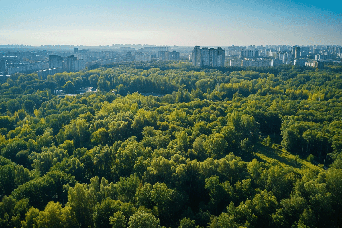 The carbon-neutral future of commercial real estate_Aerial view of a forest on the outskirts of a city_visual 8