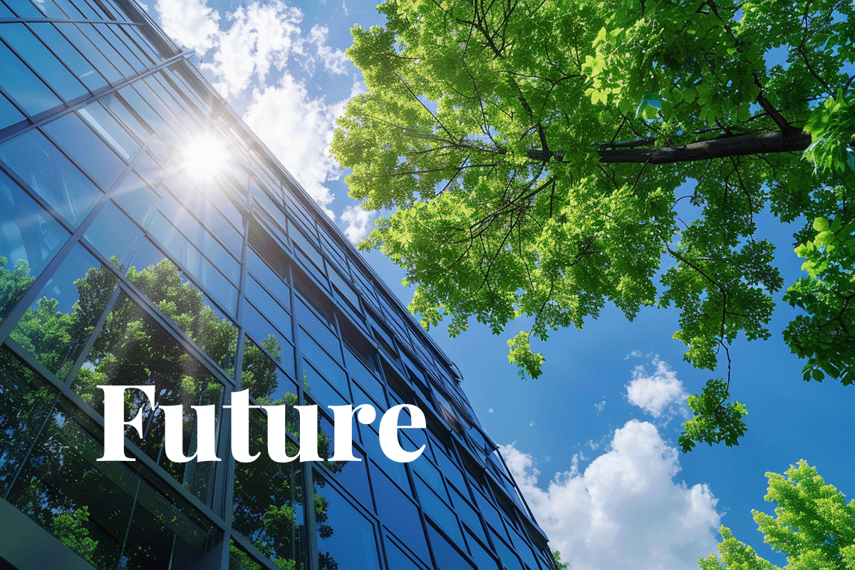 The carbon-neutral future of commercial real estate_A modern building seen from below, surrounded by trees_visual 1
