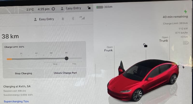 Tesla Model 3 display when plugged into a Supercharger.