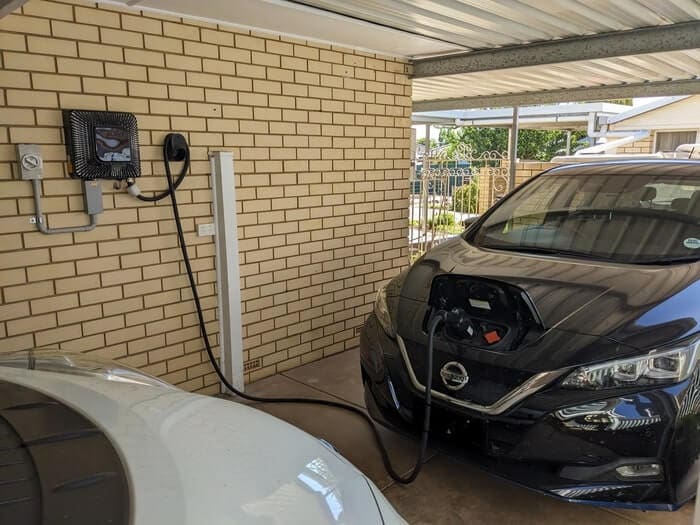 Nissan Leaf plugged into a bi-directional charger.