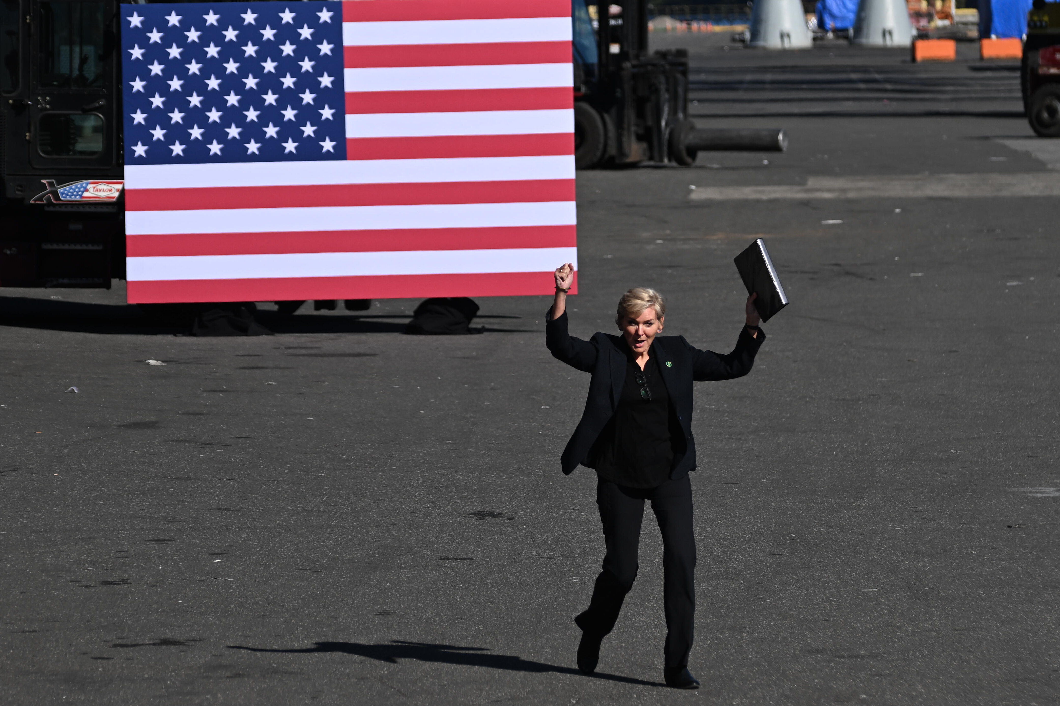 Secretary of Energy Jennifer Granholm arrives on Oct. 13, 2023, at Tioga Marine Terminal in Philadelphia. Granholm was there to speak before President Joe Biden as they addressed Biden's agenda on union jobs, infrastructure investment, accelerating the transition to clean energy and combating the climate crisis.