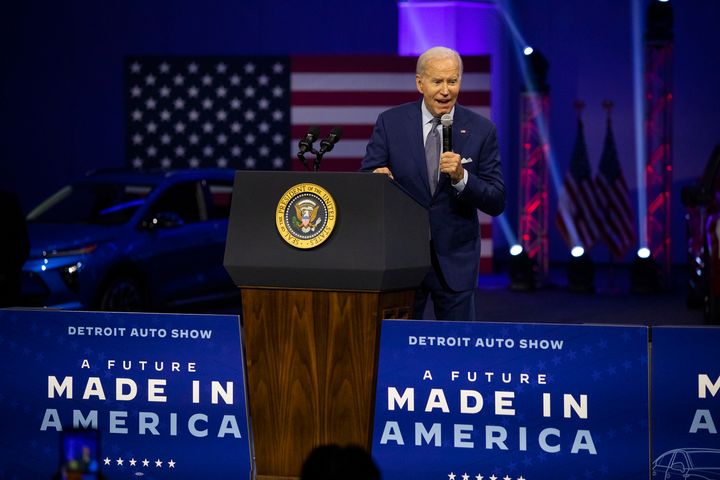 President Joe Biden speaks at the North American International Auto Show on Sept. 14, 2022, in Detroit. Biden announced a $900 million investment in electric vehicle infrastructure on the national highway system in 35 states.