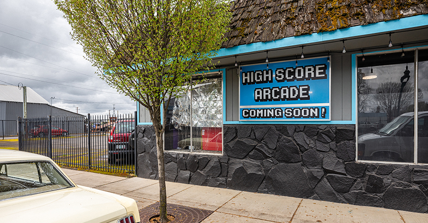 Front of High Score Arcade with “Coming soon” sign