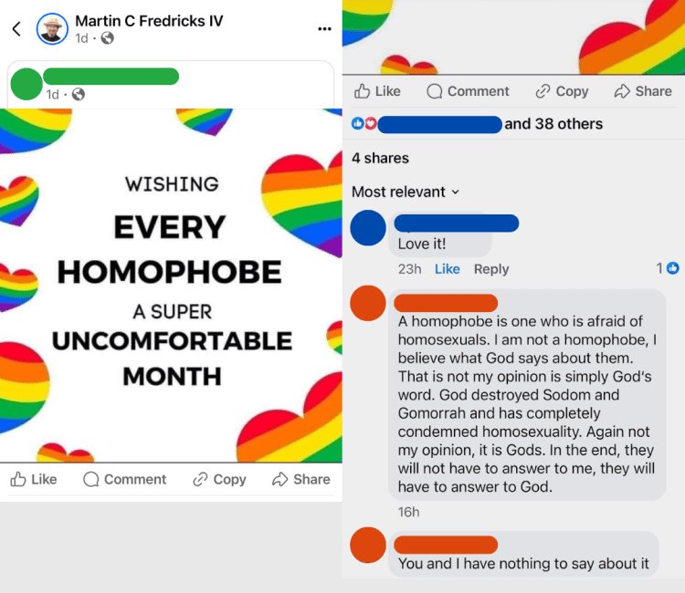 Screenshot 1 of exchange with Righteous Beavis over LGBTQ+ & Pride