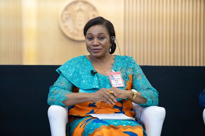 Minister of the Forest Economy Rosalie Matondo of the Republic of the Congo speaks at the headquarters of the Food and Agriculture Organization of the United Nations in Rome, Italy, in 2018.