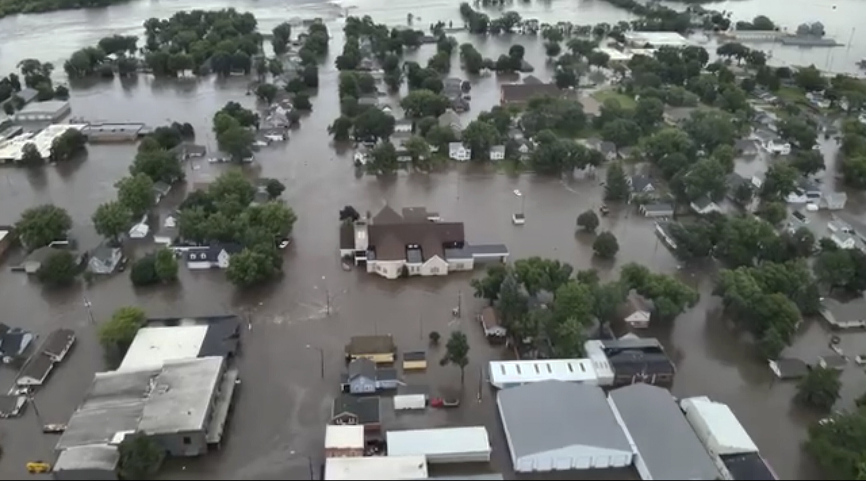 This image provided by Sioux County Sheriff shows City of Rock Valley, Iowa on Saturday, June 22, 2024. Gov. Kim Reynolds sent helicopters to the small town to evacuate people from flooded homes Saturday. (Sioux County Sheriff via AP)